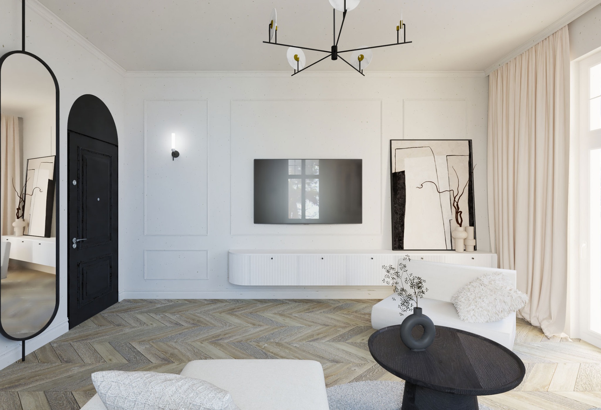 Jasne wnętrze salonu z parkietem w jodełkę, czarnymi akcentami w postaci drzwi i lustra, minimalistyczną sofą, okrągłym stolikiem kawowym i telewizorem na ścianie z subtelnym oświetleniem.