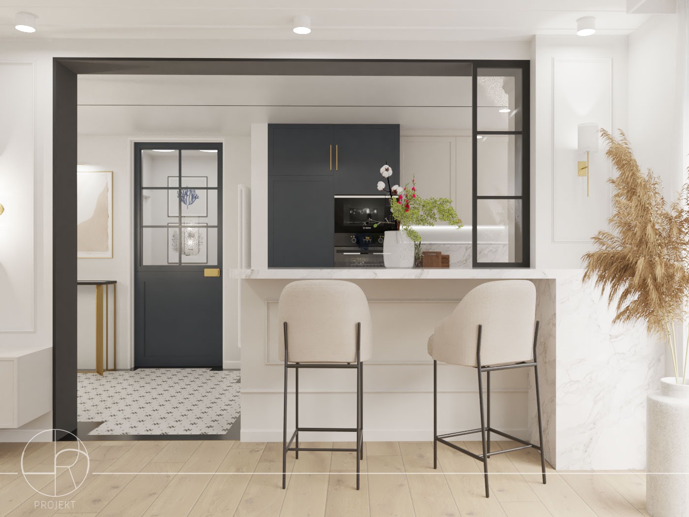 Wnętrze mieszkania z otwartą kuchnią, widok na przedpokój z ciemnymi drzwiami i wzorzystą podłogą, marmurowy blat baru z dwoma beżowymi krzesłami barowymi, ciemne szafki kuchenne w tle.