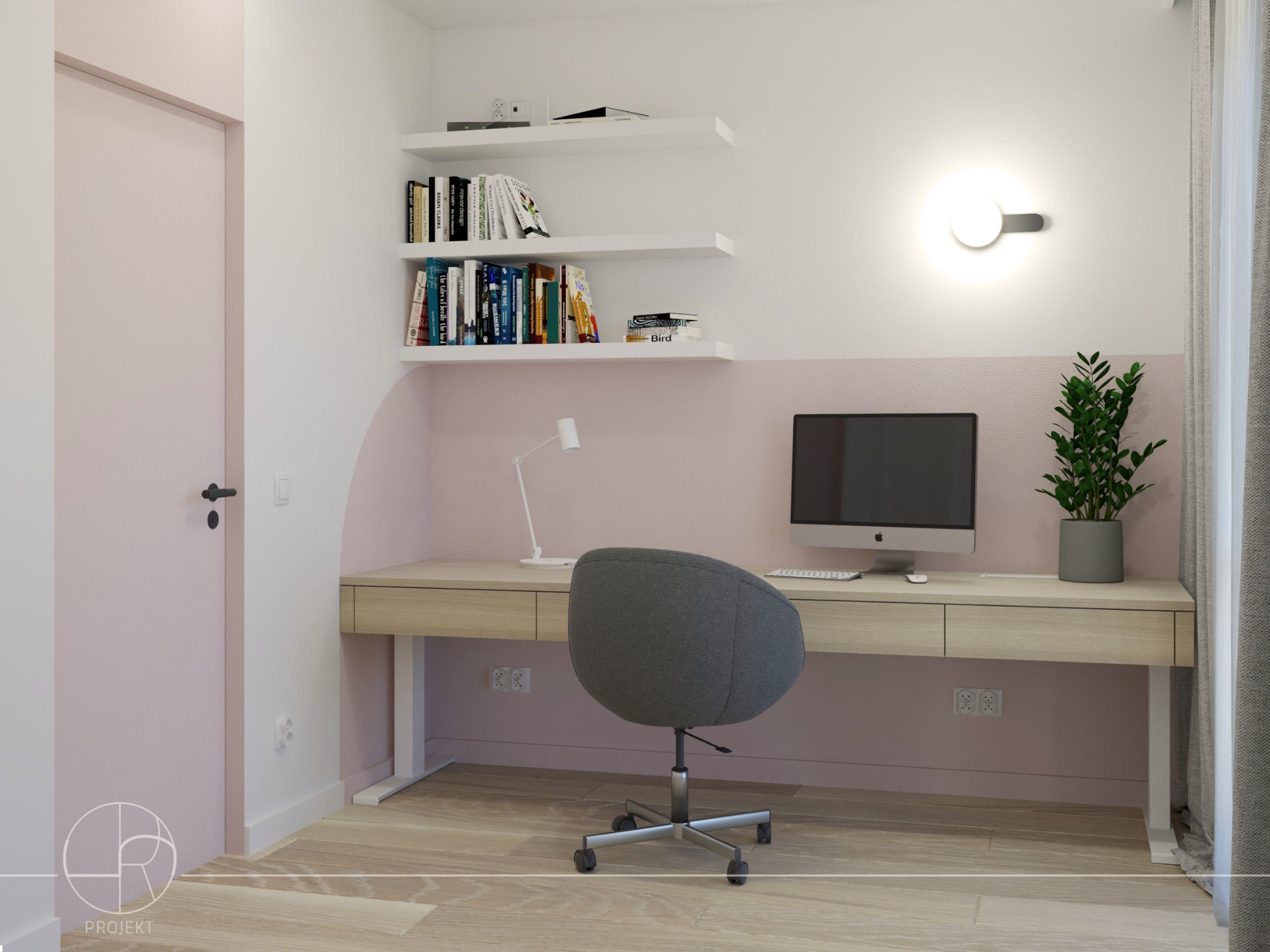 Wizualizacja pokoju z biurkiem z jasnego drewna, szarą obrotową krzesłem, białymi półkami z książkami, lampką biurkową i komputerem, ściany biało-różowe, jasna drewniana podłoga.