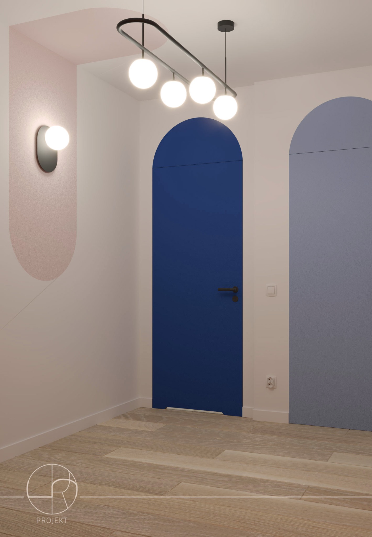 Nowoczesne wnętrze z drewnianą podłogą, niebieskimi drzwiami w kształcie łuku, lampą sufitową z kulistymi kloszami, kinkietem ściennym i różowym akcentem na ścianie.