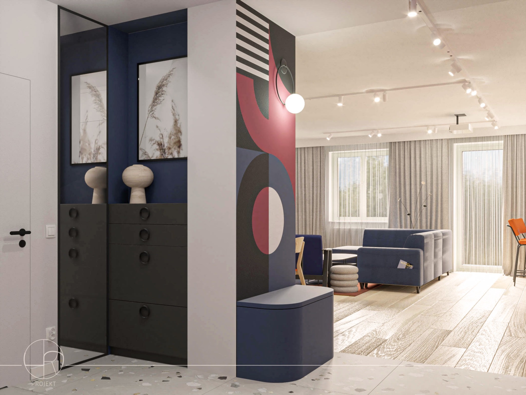 Wnętrze mieszkania z szafą wnękową z lustrzanymi drzwiami, ciemnymi frontami i okrągłymi uchwytami, obok ściana z geometrycznym malunkiem w kolorach czerwonym, czarnym i białym, widoczny fragment...