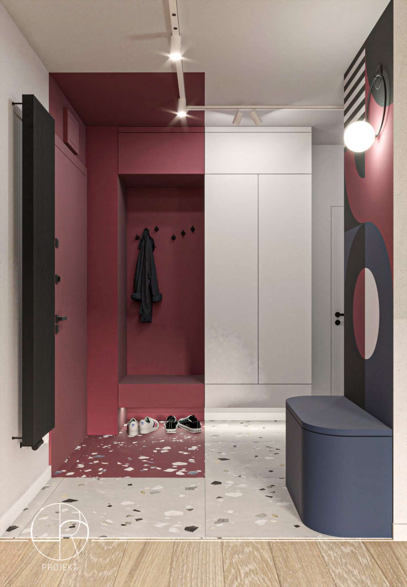 Wizualizacja przedpokoju z garderobą w burgundowej wnęce z wieszakami, trzema parami butów i grzejnikiem, białą szafą w zabudowie i tapicerowaną pufą na tle wzorzystej ściany, oświetlonego lampami...