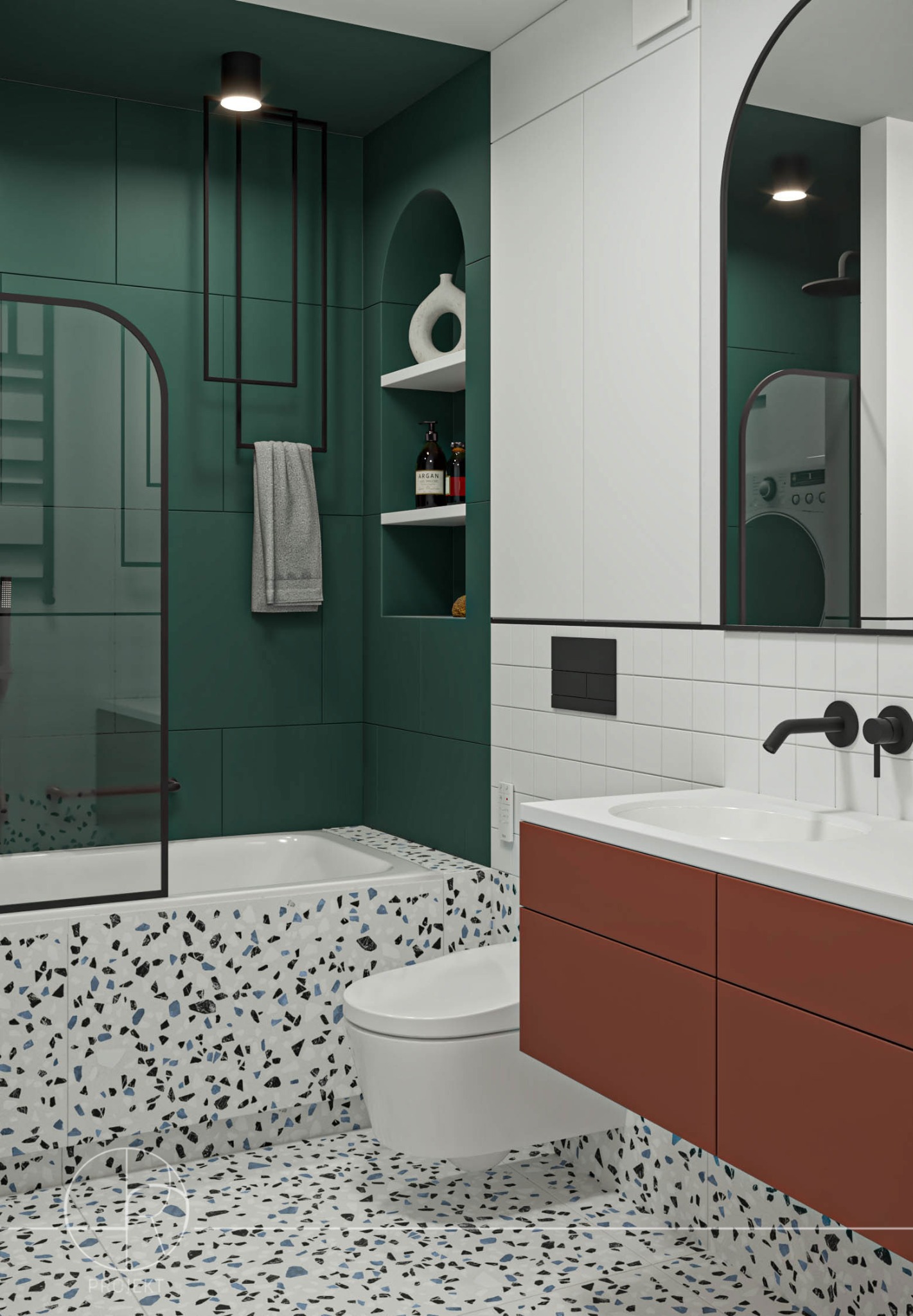 Wizualizacja łazienki z zielonymi płytkami, terazzo na podłodze i obudowie wanny, umywalką z szafką w kolorze ceglastym, armaturą w czarnym macie oraz dekoracyjnymi niszami z oświetleniem.