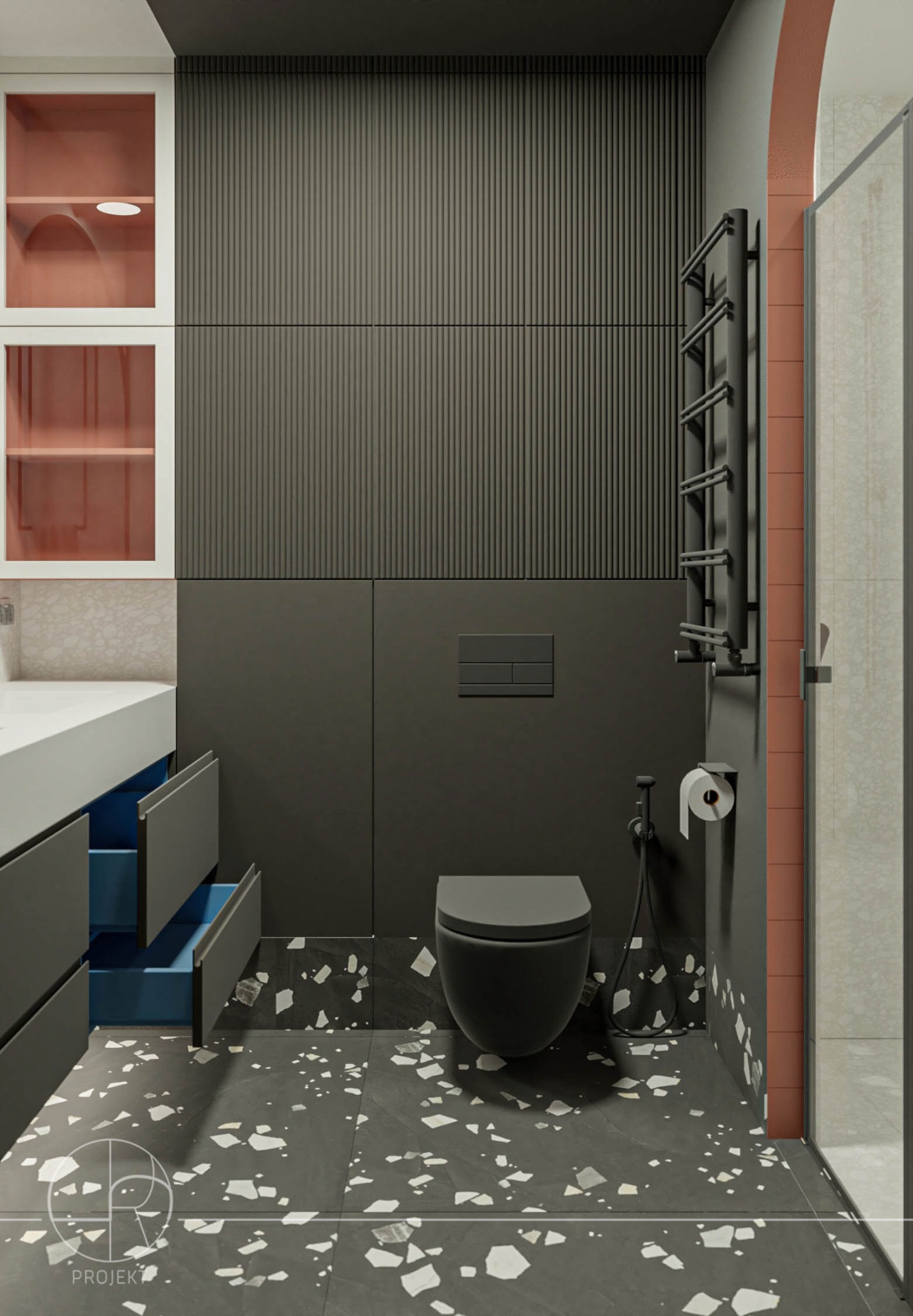 Nowoczesna łazienka w odcieniach szarości z akcentami koralowymi, wyposażona w wiszącą toaletę, grzejnik drabinkowy, umywalkę z szafką z otwartymi szufladami z niebieskim wnętrzem oraz podłogę...