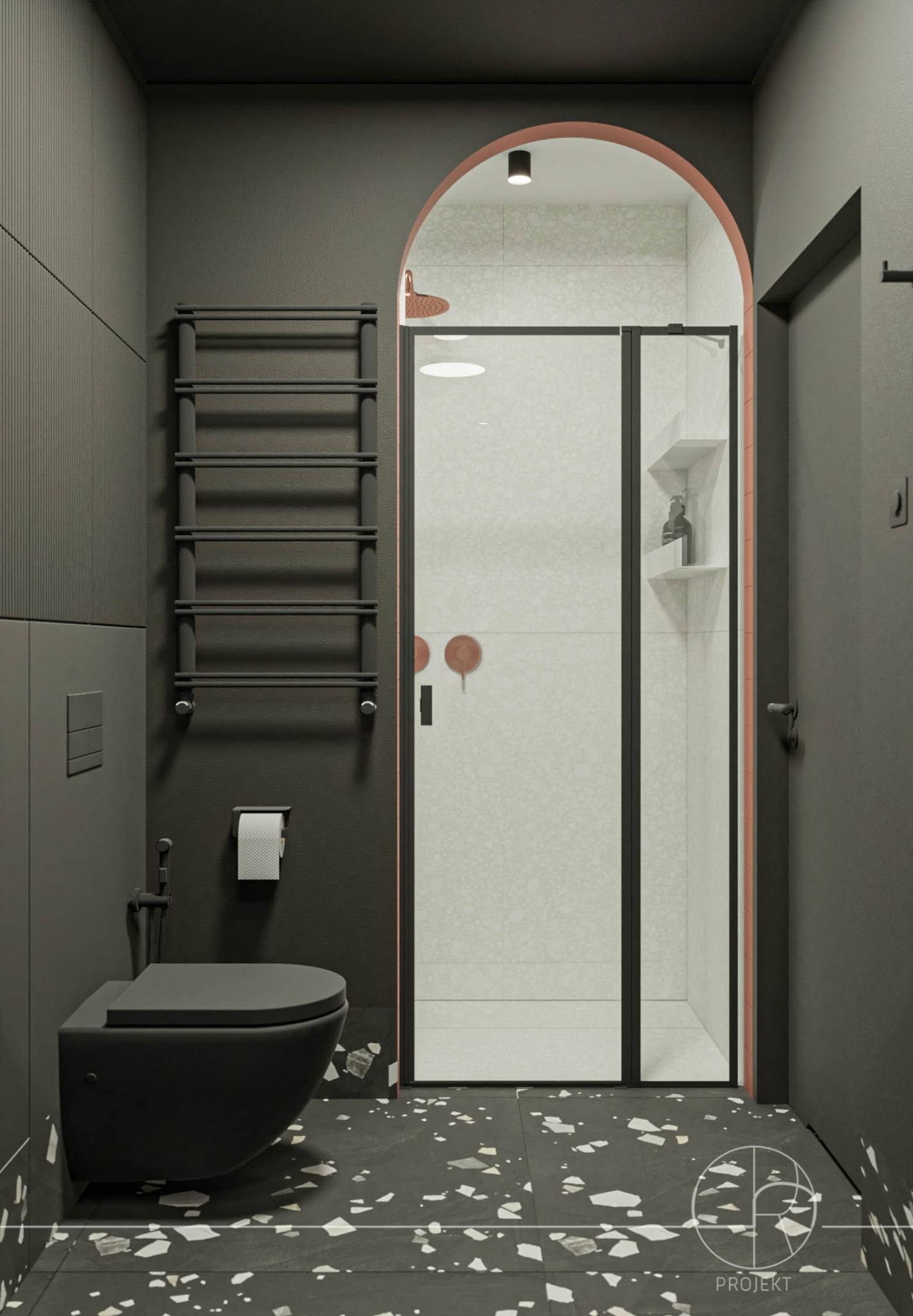 Wizualizacja nowoczesnej łazienki w Sopot, z ciemnymi ścianami i podłogą lastryko, kabiną prysznicową z czarną ramą i elementami w kolorze miedzianym, oraz podwieszaną toaletą.