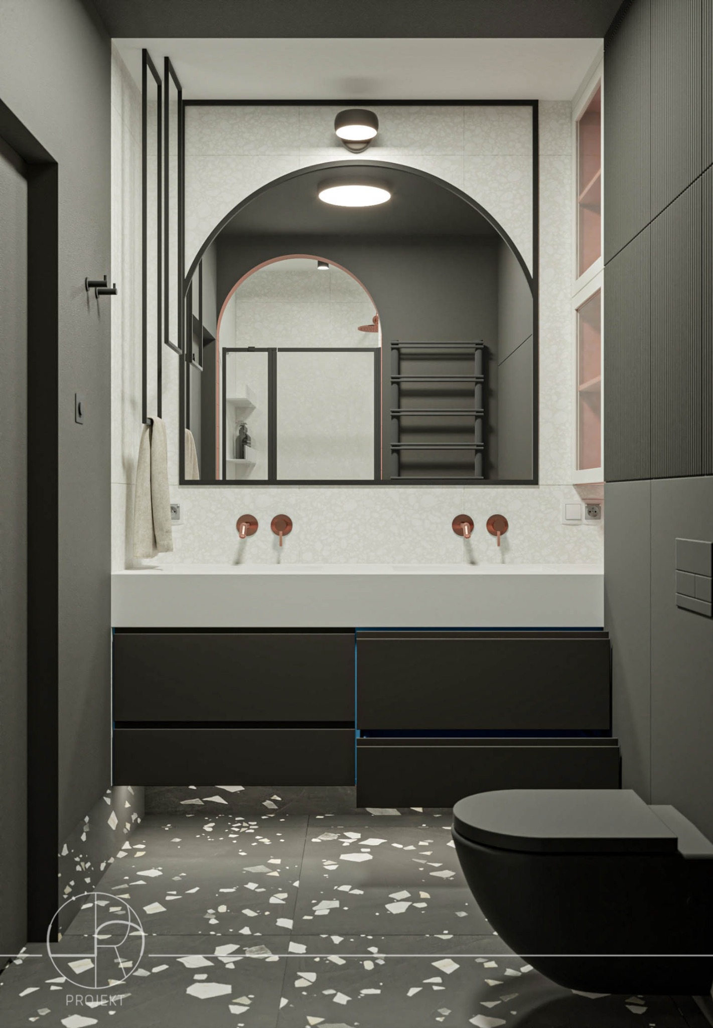 Nowoczesna łazienka w odcieniach szarości z umywalką nablatową, okrągłym lustrem z czarną ramą, bateriami w kolorze miedzi i podłogą z terazzo.