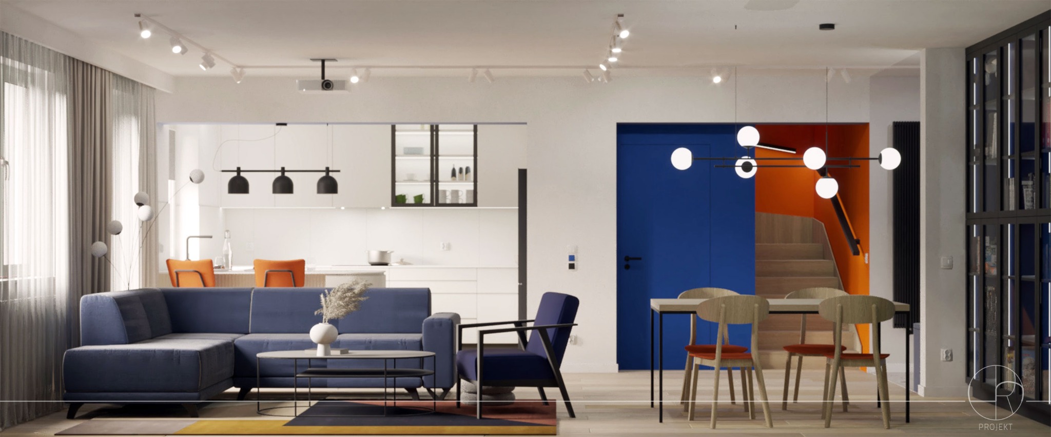 Jasne, przestronne wnętrze mieszkania z otwartą kuchnią, narożną sofą w odcieniach niebieskiego, nowoczesnym oświetleniem i schodami w kolorze pomarańczowym, widocznymi w tle.