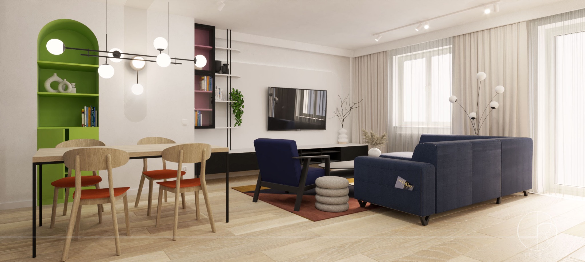 Wizualizacja jasnego salonu z drewnianą podłogą, niebieską sofą i fotelami, stołem z krzesłami z pomarańczowymi siedziskami, oświetleniem punktowym, zielonym regałem wnękowym i półkami na ścianie.