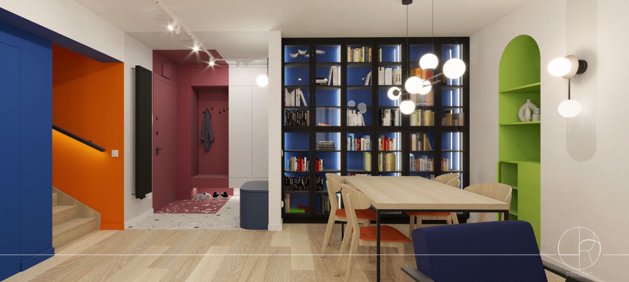 Wizualizacja wnętrza domu z otwartą przestrzenią: schody z pomarańczową ścianą, przedpokój w odcieniach różu, regał na książki z niebieskim podświetleniem i jadalnia z drewnianym stołem.