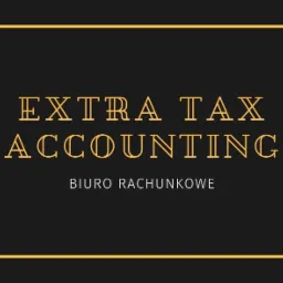 Eleganckie logo biura rachunkowego 'Extra Tax Accounting' w złotej ramce na ciemnym tle, z minimalistycznym symbolem w prawym dolnym rogu.