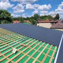 Dom Drzewa - Montaż blachy na przygotowanej konstrukcji dachu z widoczną zieloną membraną dachową i łatami, w tle błękitne niebo z chmurami oraz zabudowa miejska.