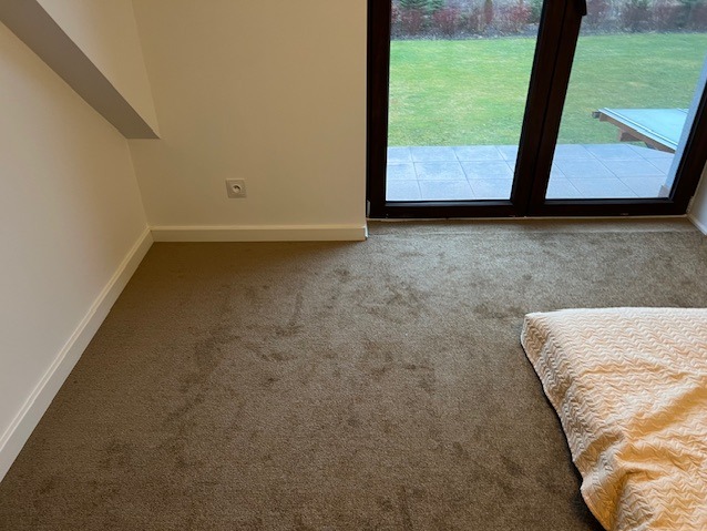 Pokój z brązową wykładziną, białe ściany z listwami przypodłogowymi i duże okno z widokiem na zewnątrz. Część łóżka w prawym dolnym rogu.