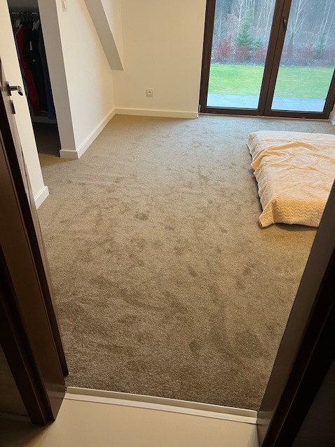 Beżowa wykładzina w pokoju z oknem na ogród, widok zza otwartych drzwi. Minimalistyczny wystrój, jasne ściany i schludny wygląd.