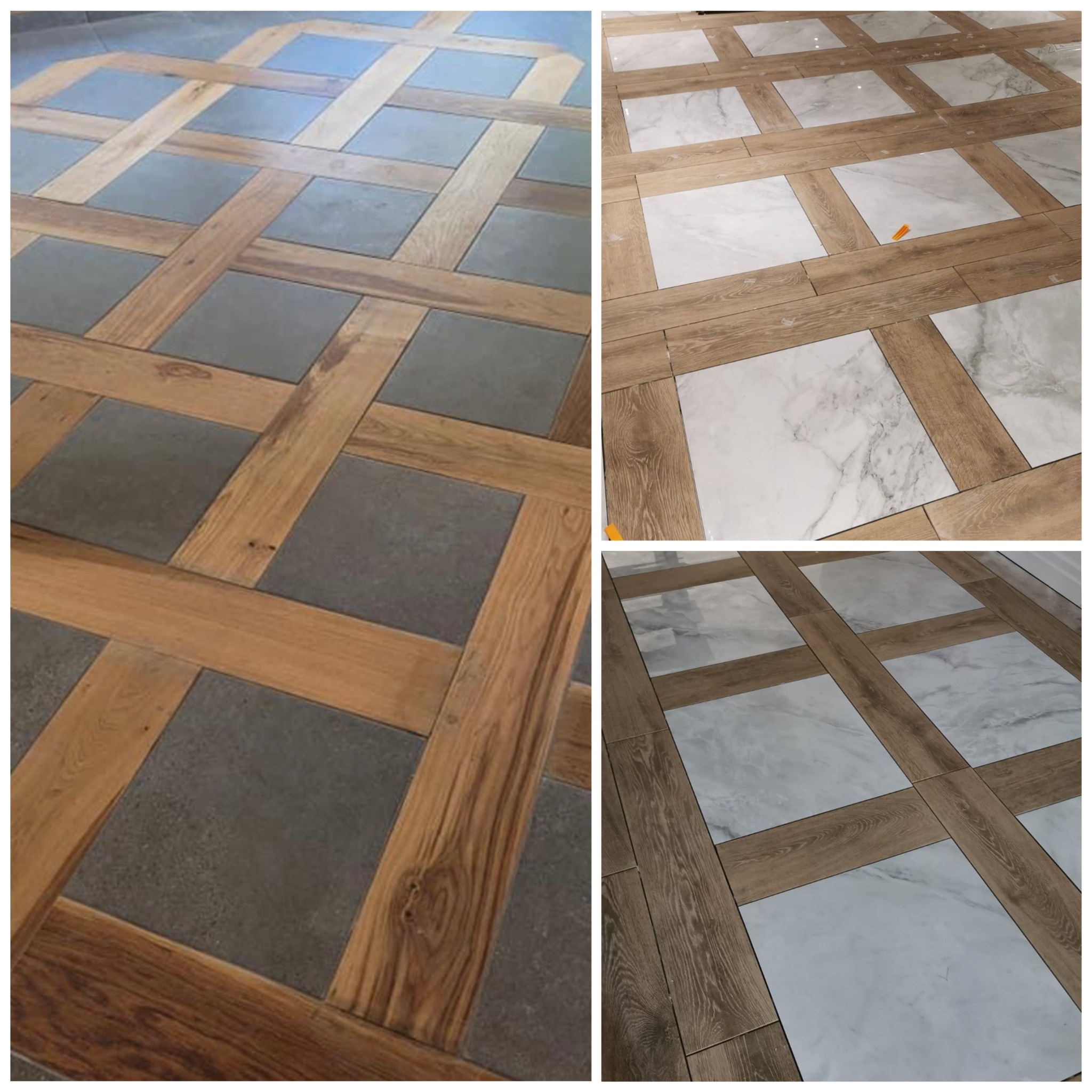 Dekoracyjna podłoga z płytek imitujących drewno ułożonych w kratkę, wypełniona kwadratowymi płytkami w kolorze szarym i białym marmurze, widok z góry.