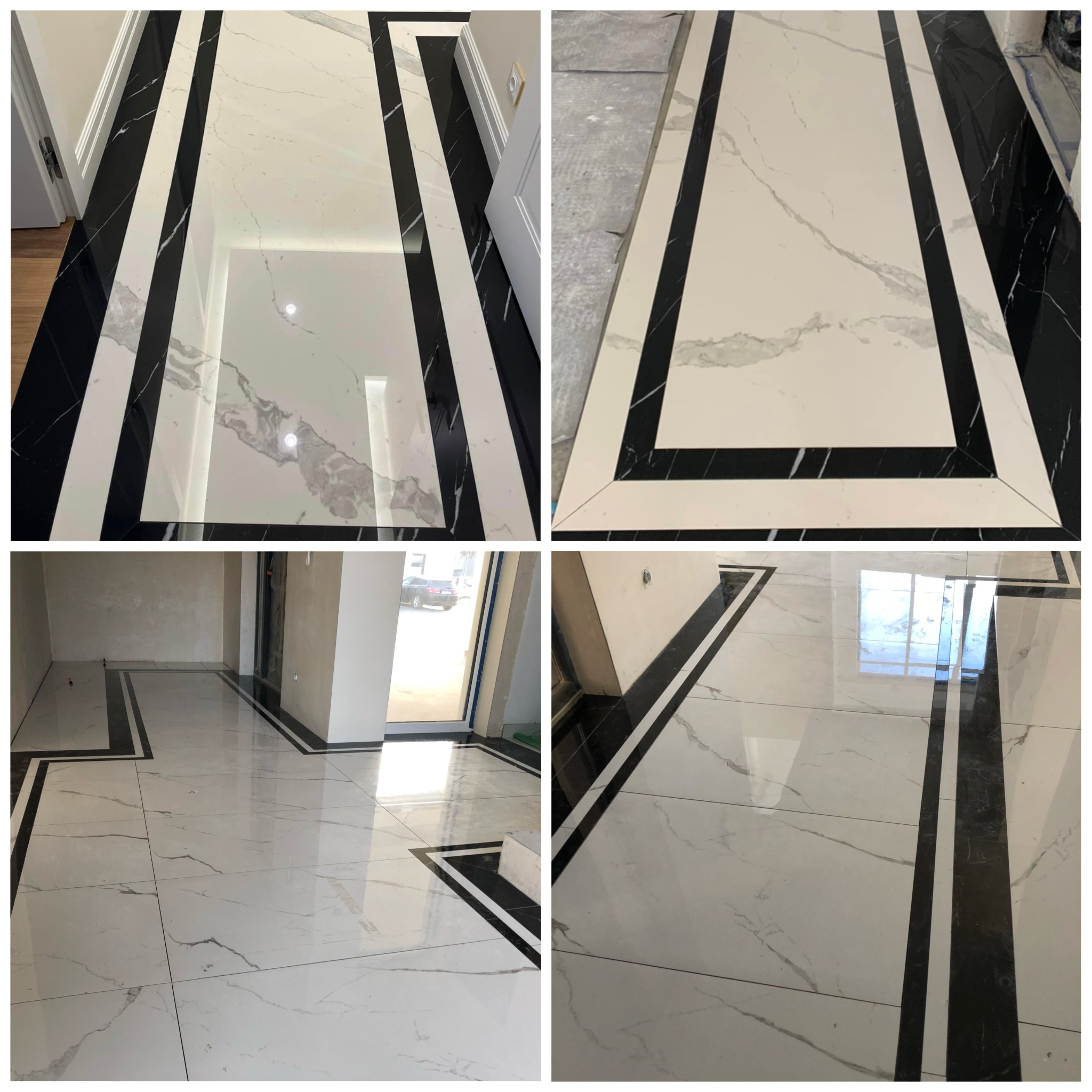 Ułożona podłoga z białych płytek z szarymi żyłami i czarnymi pasami dekoracyjnymi, widoczne różne ujęcia i zbliżenia.