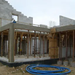 Budowa domu z keramzytu: wznoszenie ścian z bloczków, widoczne drewniane szalunki i podpory, niebieskie rury na gruncie, w tle sylwetka pracownika.