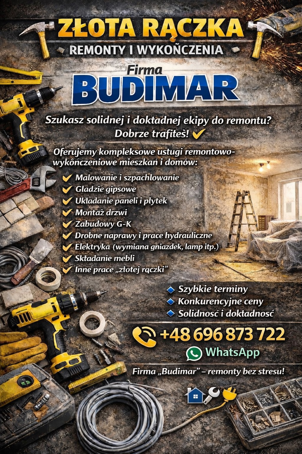 Baner firmy remontowej Budimar z ofertą kompleksowych usług: malowanie, gładzie, układanie paneli, montaż drzwi, zabudowy G-K, elektryka i inne. Kontakt telefoniczny i WhatsApp.