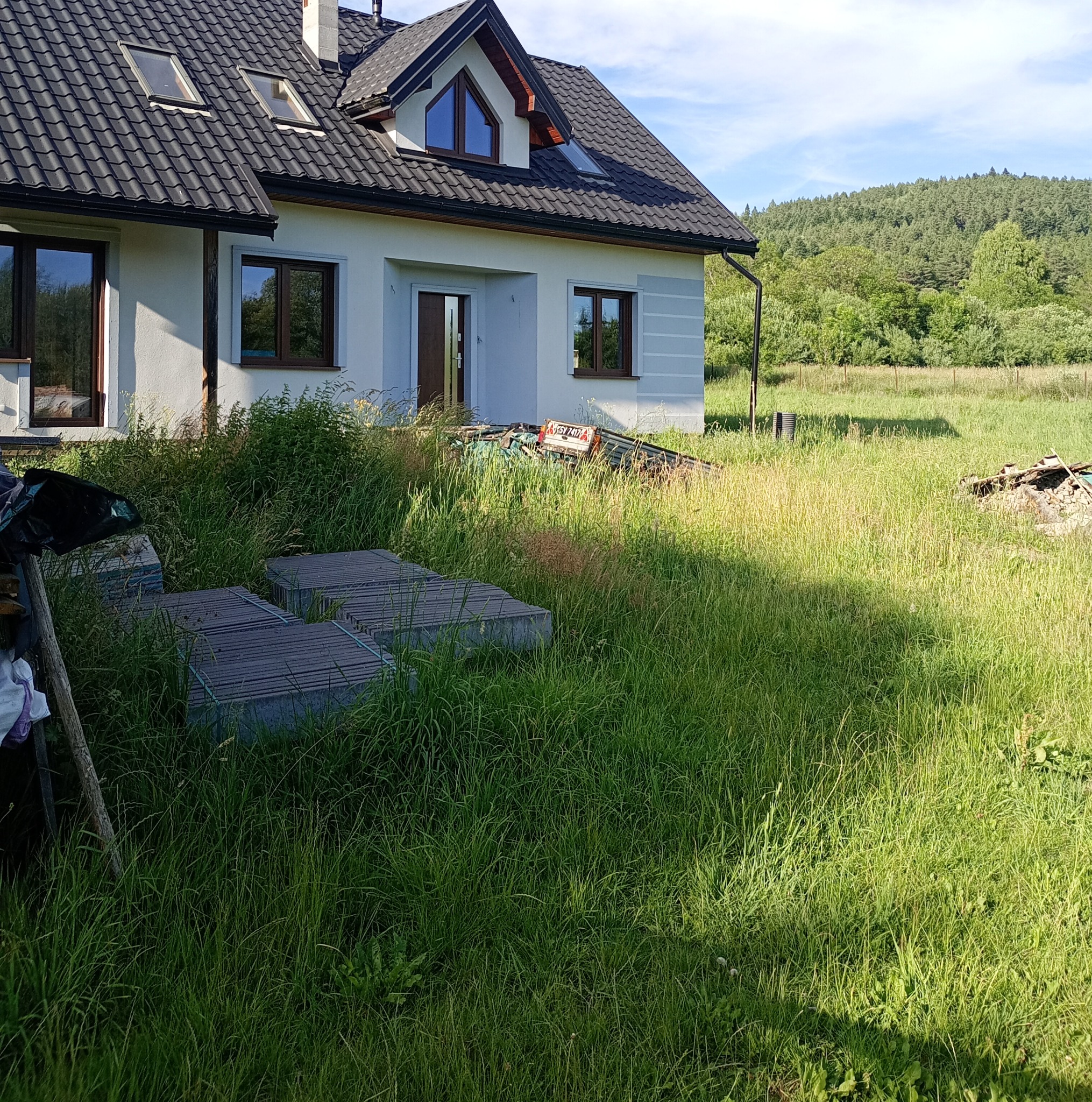 Nowoczesny dom jednorodzinny z ciemnym dachem i jasną elewacją, otoczony wysoką trawą i elementami budowlanymi. W tle widoczny las i błękitne niebo.