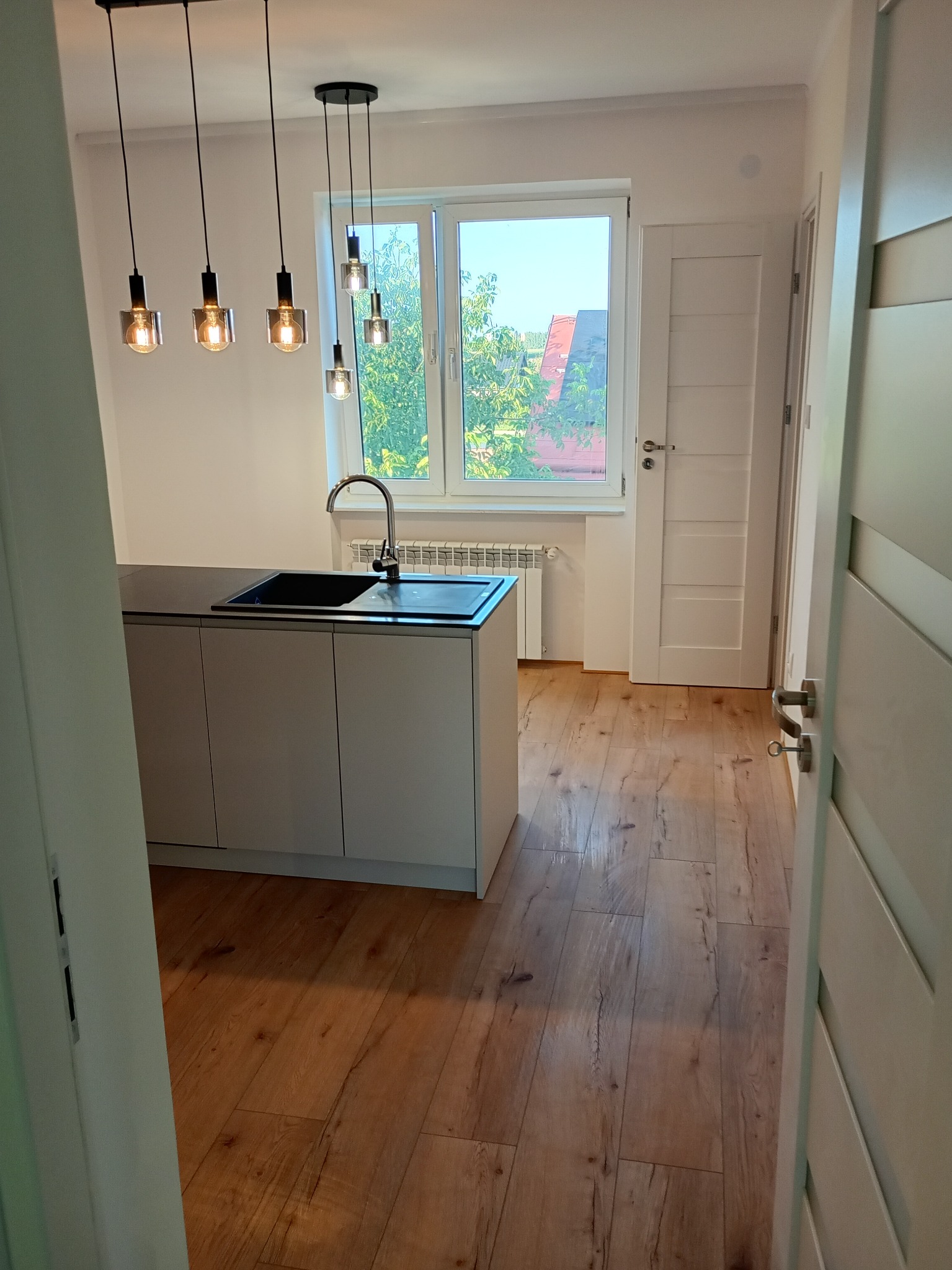 Nowoczesna kuchnia z drewnianą podłogą, szarą zabudową i wiszącą lampą nad zlewem. Widok zza otwartych drzwi, okno z widokiem na zieleń w tle.