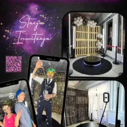 Wizualizacja stoiska z platformą obrotową 360 do nagrywania wideo, otoczonego lampami LED, z dekoracją z palet i balonów, oraz z kadrami nagrań z imprezy z użyciem rekwizytów.