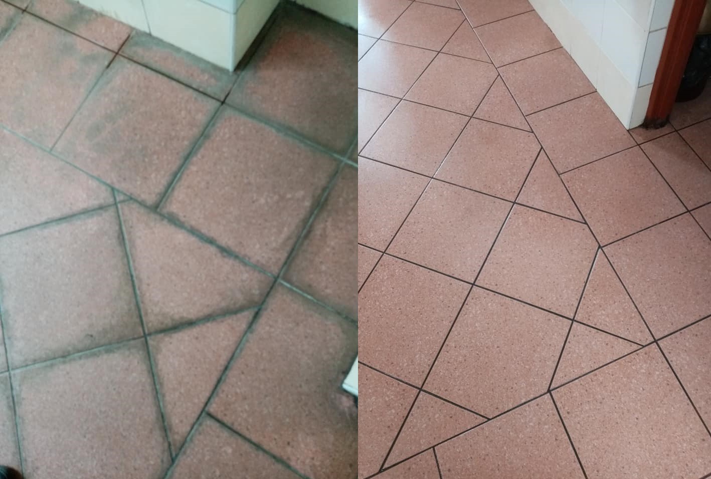 Porównanie stanu płytek podłogowych przed i po czyszczeniu, widoczna wyraźna różnica w kolorze fug i ogólnej czystości powierzchni.