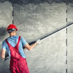 Pracownik w czerwonym kombinezonie i kasku wyrównuje świeżo nałożony tynk na ścianie, widoczne pionowe szczeliny dylatacyjne.