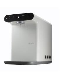 Nowoczesny, biały dystrybutor wody z panelem dotykowym i dyszą w kształcie kropli, widoczny na białym tle.