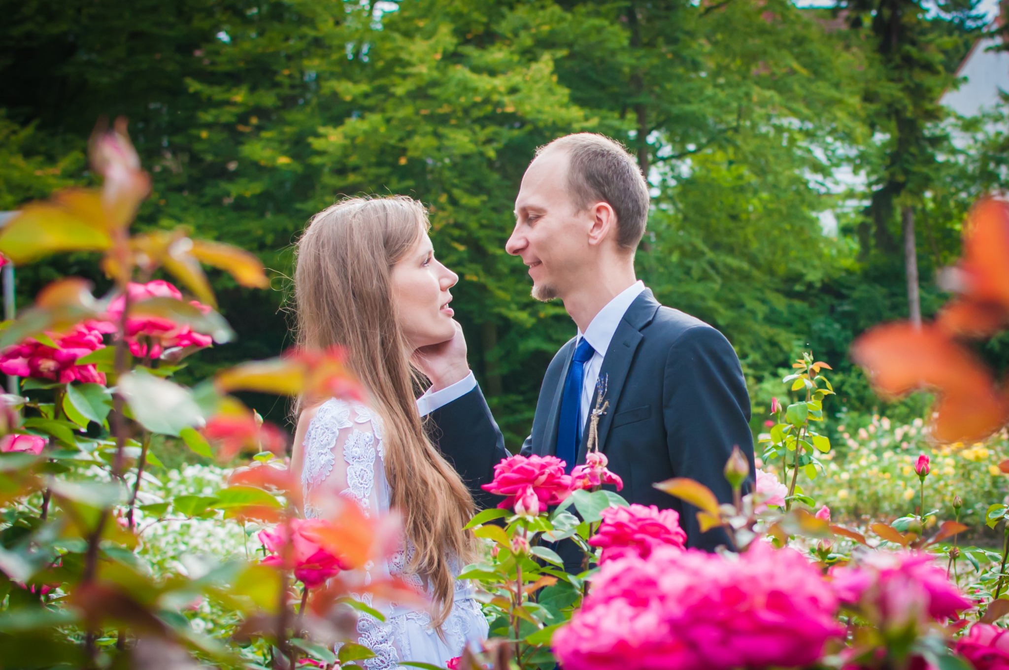 Para młoda w ogrodzie różanym: panna młoda w koronkowej sukni, pan młody w garniturze z niebieskim krawatem, delikatny dotyk dłoni na twarzy, ciepłe światło.