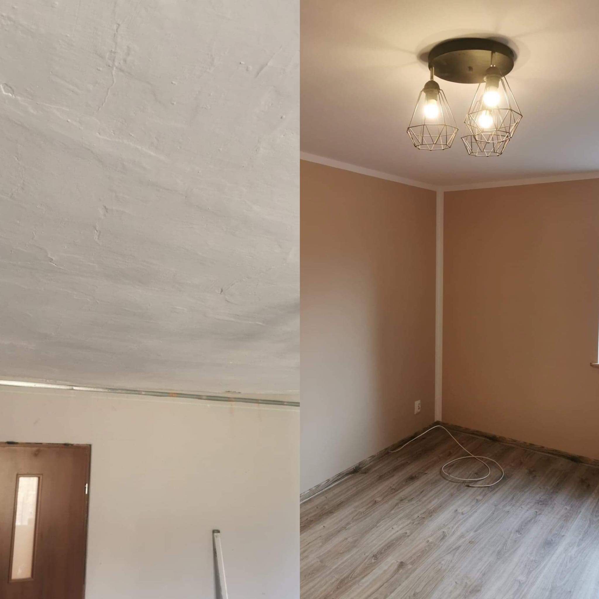 Porównanie stanu pokoju przed i po: surowy sufit z widocznymi niedoskonałościami oraz pomalowane ściany w odcieniach beżu, drewnopodobna podłoga i nowoczesna lampa z drucianymi kloszami.