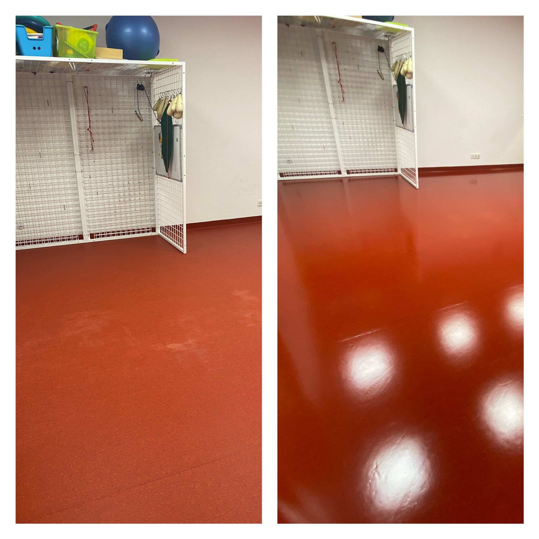 Porównanie podłogi w sali gimnastycznej przed i po czyszczeniu, widoczna poprawa połysku i usunięcie zabrudzeń, na ścianie regał z akcesoriami do ćwiczeń.