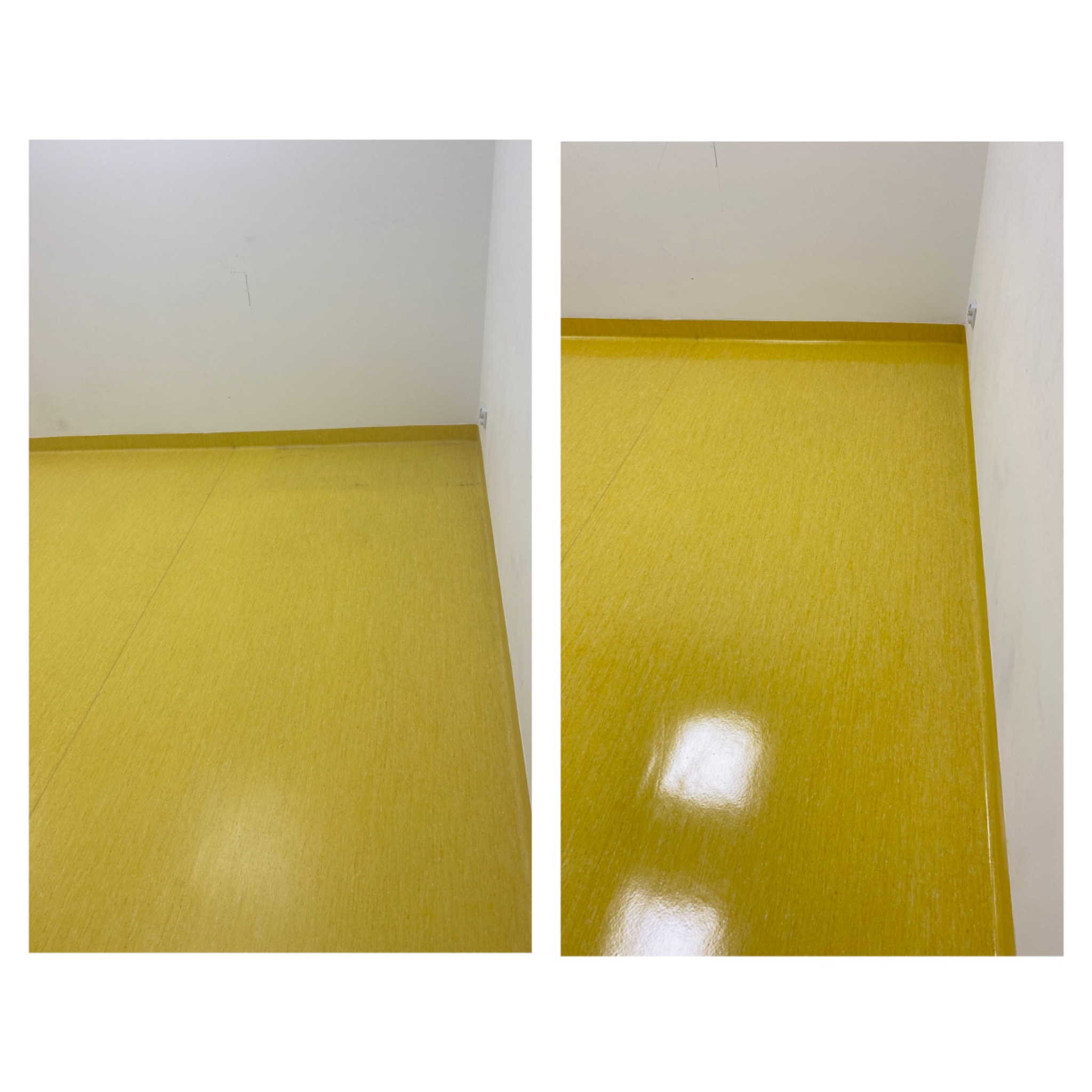 Żółta, świeżo umyta podłoga z linoleum w rogu pokoju, widoczne ślady po mopu i odbicia światła.