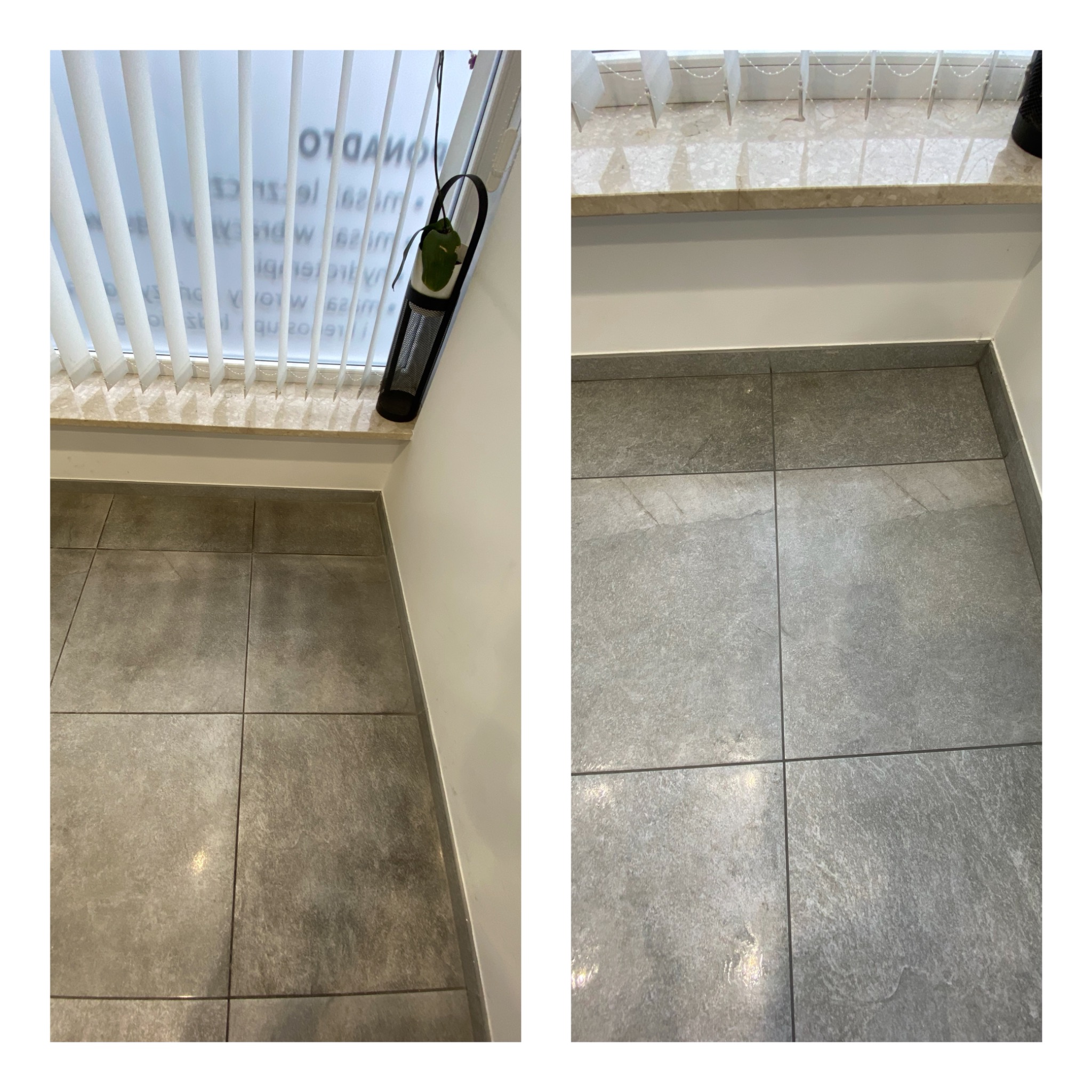 Fragment szarej, umytej podłogi z płytek ceramicznych przy oknie z żaluzjami i marmurowym parapetem, widoczny wiszący kwietnik.