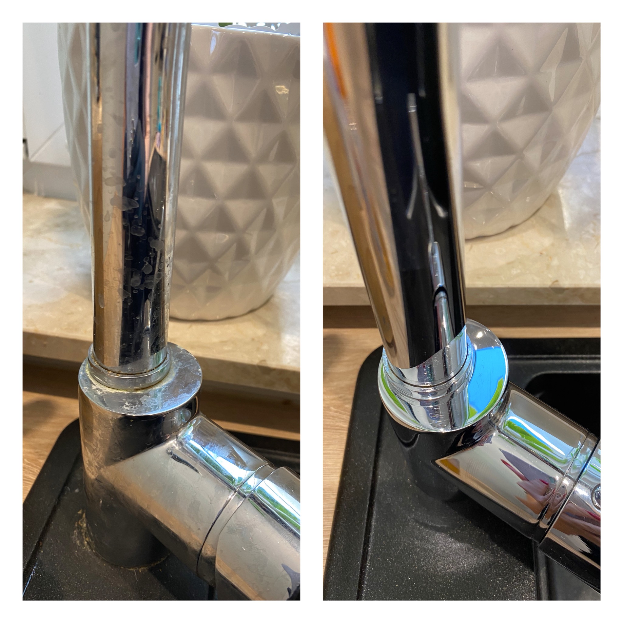 Porównanie kranu kuchennego przed i po czyszczeniu, widoczne zacieki i osad kamienny usunięte, połyskująca powierzchnia.