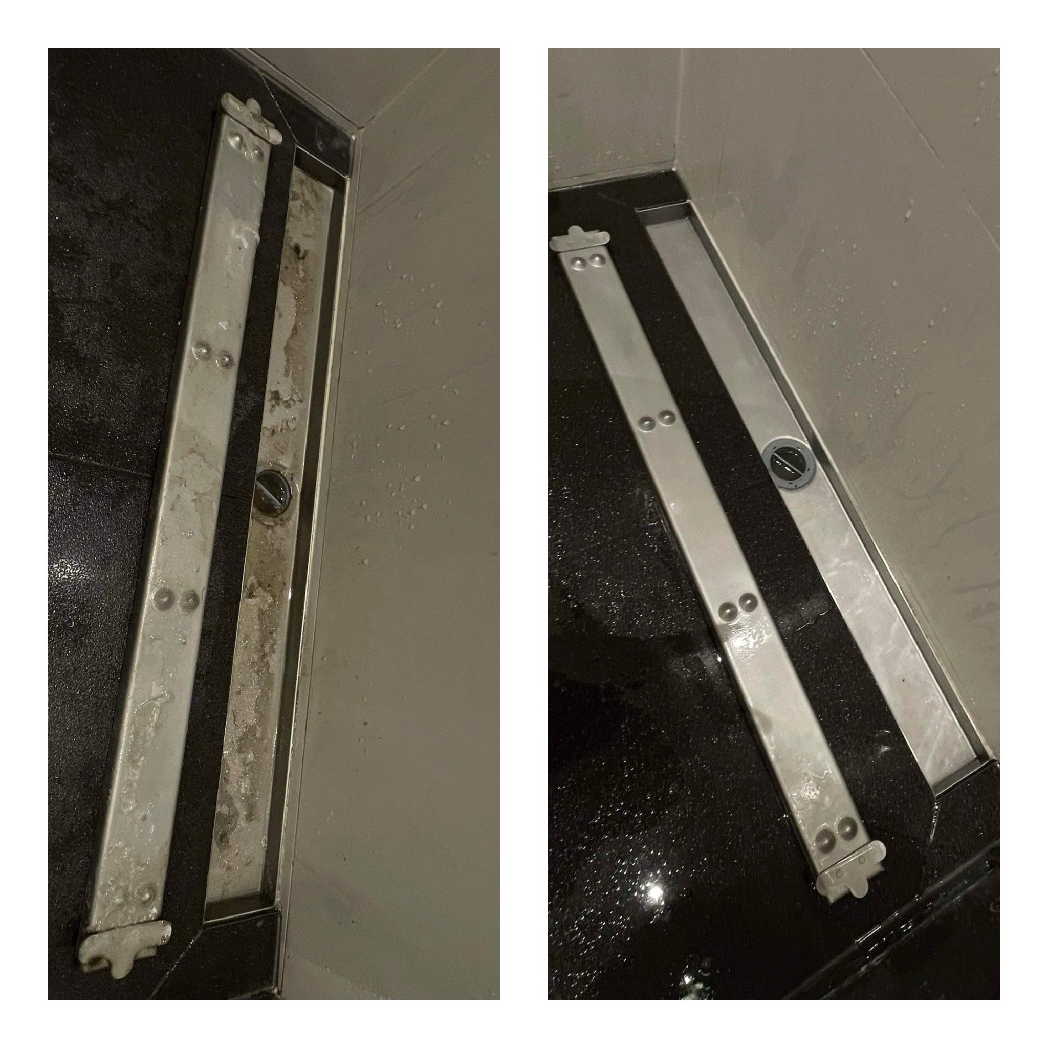 Porównanie czystości odpływu liniowego w kabinie prysznicowej: po lewej zabrudzony osadami, po prawej wyczyszczony, z widocznymi kroplami wody.