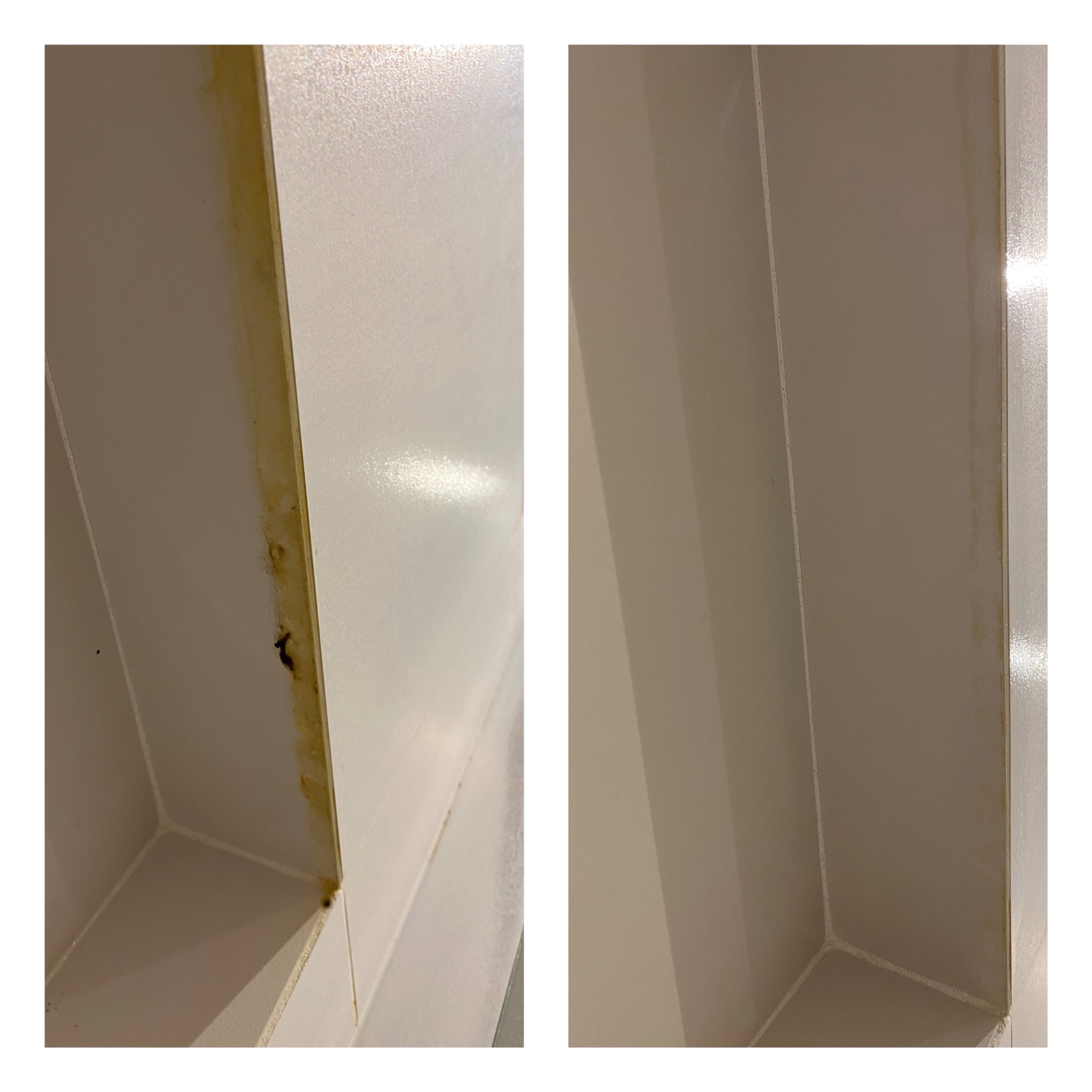 Porównanie powierzchni przed i po czyszczeniu fug w narożniku, widoczne silne zabrudzenia i pleśń usunięte w procesie czyszczenia.