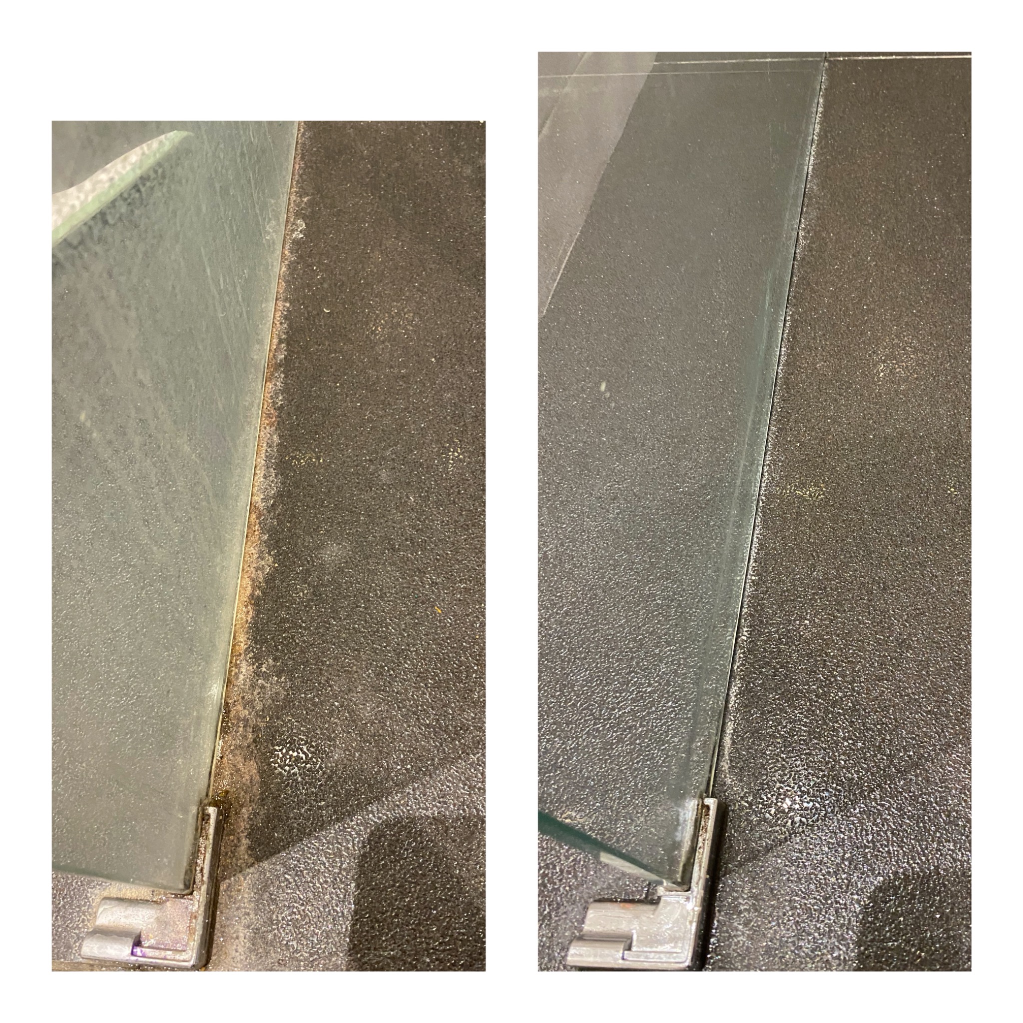 Porównanie stanu kabiny prysznicowej: po lewej stronie widoczny osad i brud, po prawej powierzchnia po czyszczeniu, z metalowymi elementami mocującymi w dolnym rogu.