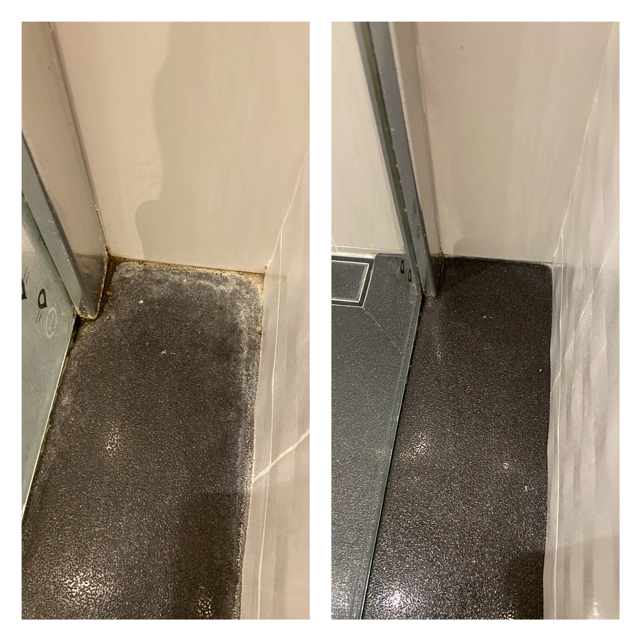 Porównanie stanu podłogi przy kabinie prysznicowej: przed - widoczny grzyb i zabrudzenia, oraz po - czysta, zdezynfekowana powierzchnia.