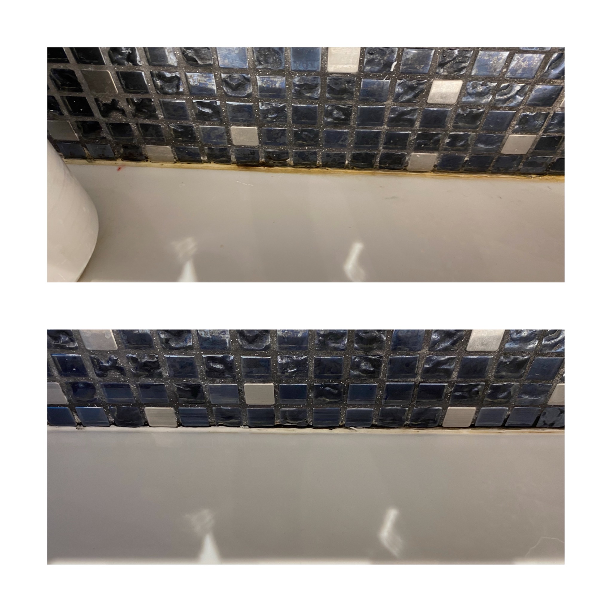 Detail of dirty, discolored grout between dark blue and silver mosaic tiles above a white countertop, showing a need for cleaning and restoration.