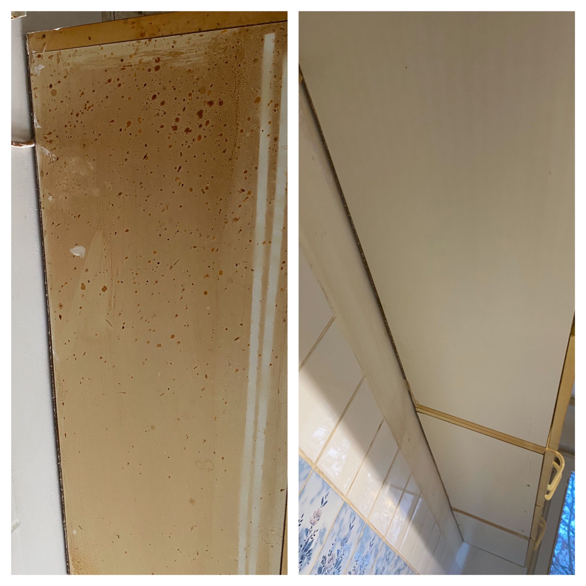 Porównanie stanu szafki kuchennej przed i po czyszczeniu, widoczne brudne plamy i zacieki usunięte z powierzchni.