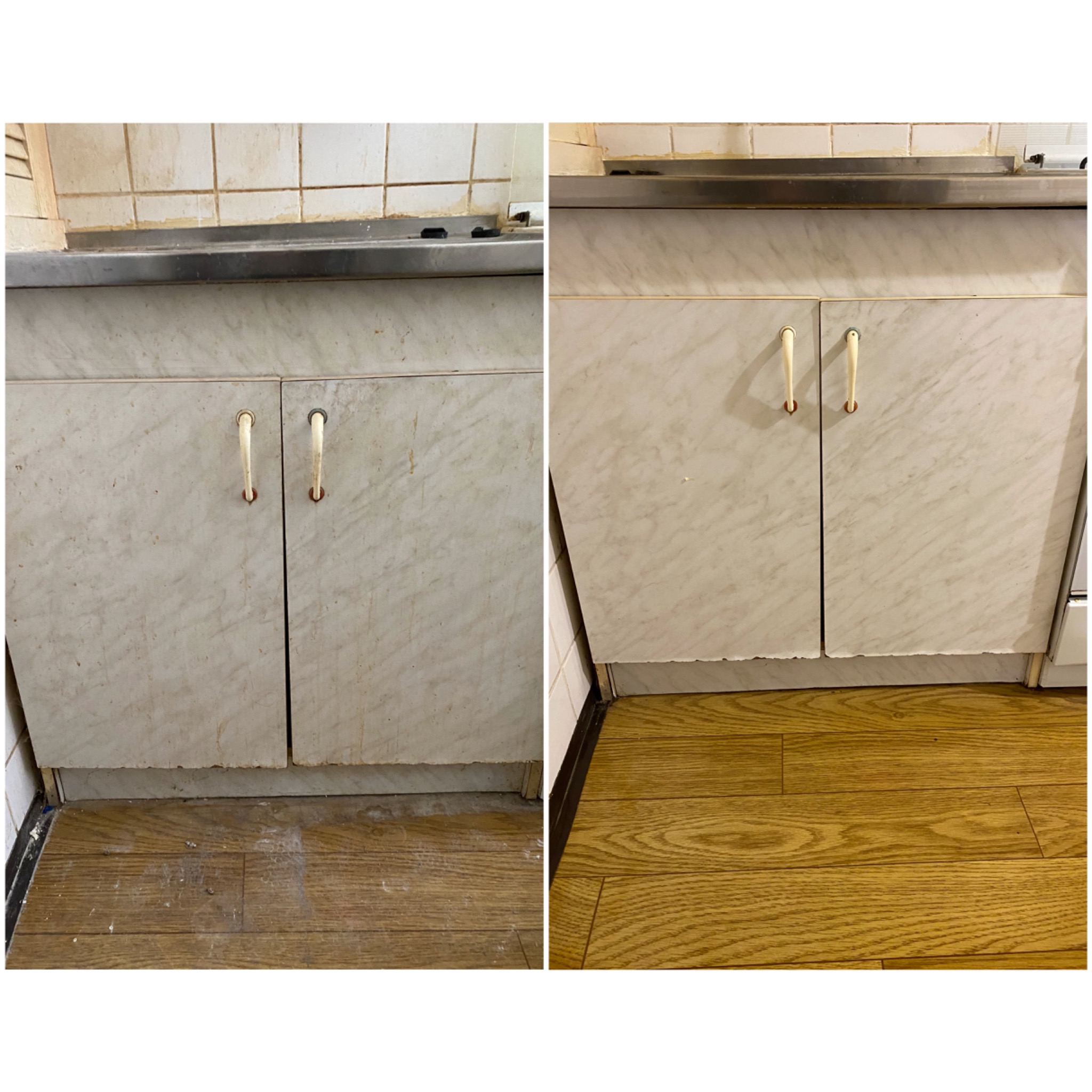 Porównanie stanu szafki kuchennej przed i po czyszczeniu, ukazujące różnicę w wyglądzie frontów i podłogi.