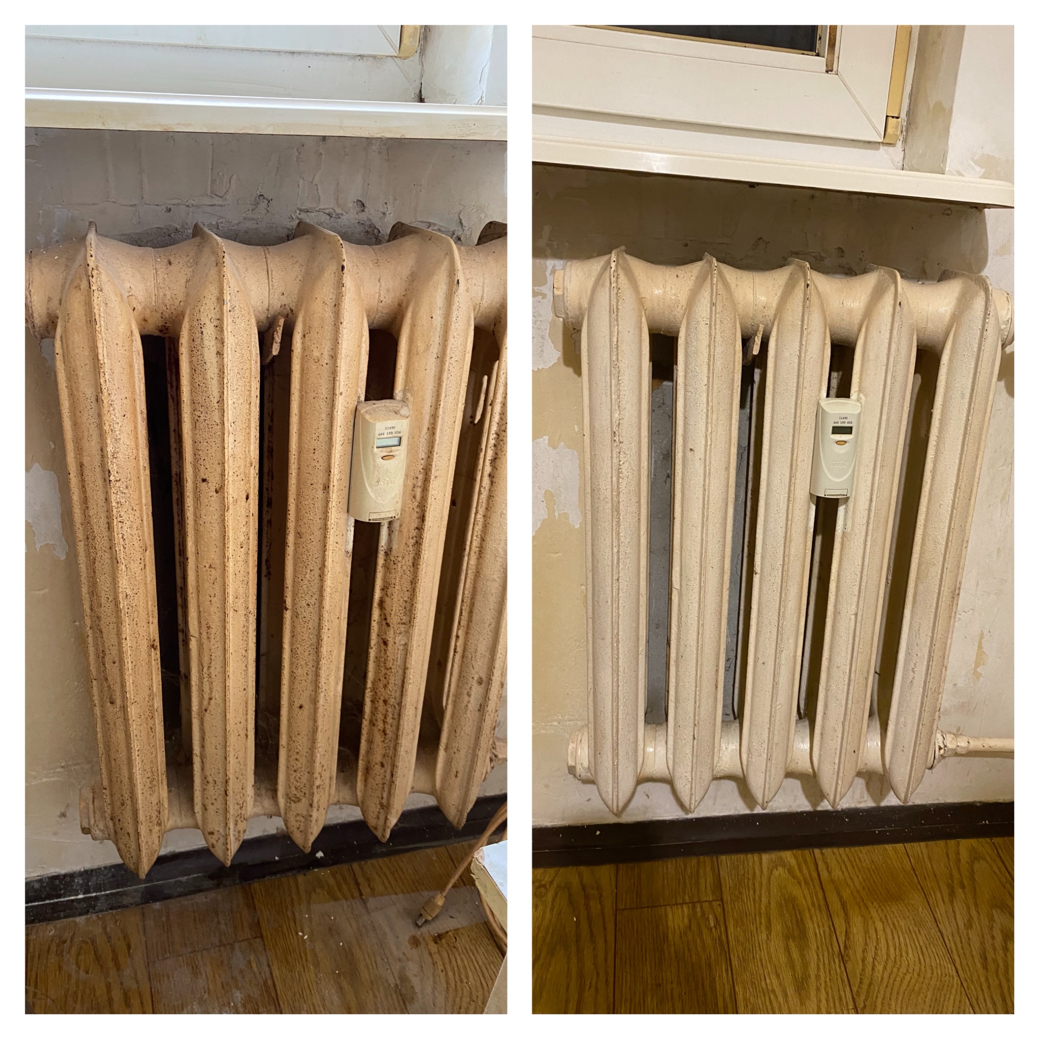 Porównanie kaloryfera żeliwnego przed i po czyszczeniu, widoczne różnice w kolorze i czystości, z zamontowanym licznikiem ciepła, na tle ściany z odchodzącą farbą i drewnianej podłogi.