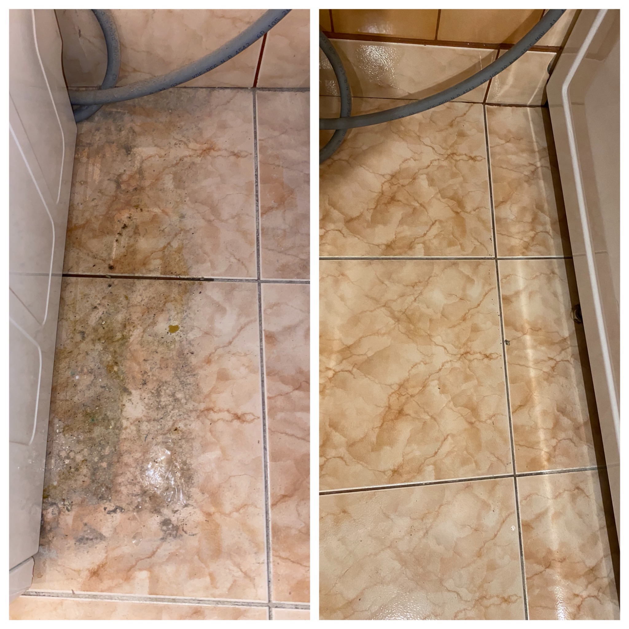 Porównanie stanu podłogi w łazience przed i po czyszczeniu płytek, widoczne zacieki i zabrudzenia usunięte, płytki odzyskały pierwotny kolor, fragment pralki po lewej stronie.