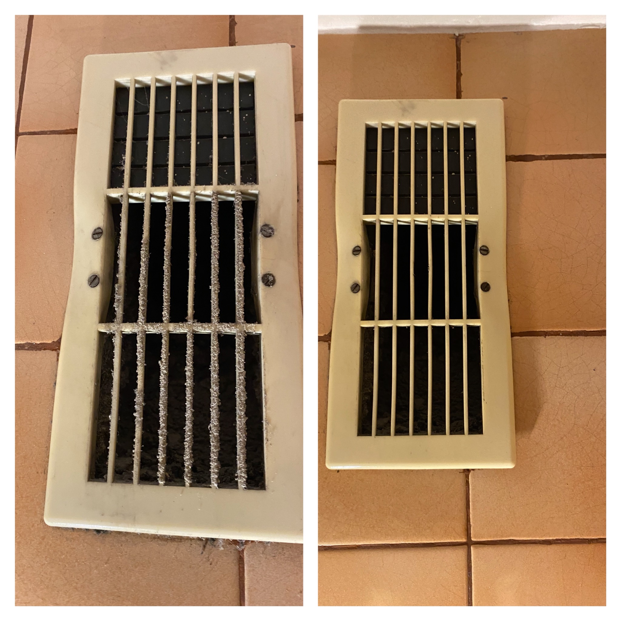 Porównanie stanu kratki wentylacyjnej w podłodze przed i po czyszczeniu; po lewej stronie kratka pokryta grubą warstwą kurzu i brudu, po prawej czysta kratka z widocznymi śladami przeszłego...