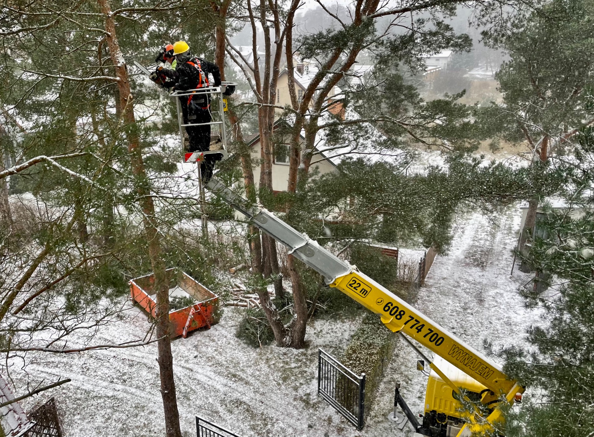 Pracownik w koszu podnośnika na tle ośnieżonych drzew i zabudowań, używający piły spalinowej do usunięcia gałęzi; pomarańczowy kontener na ścięte gałęzie widoczny na ziemi.