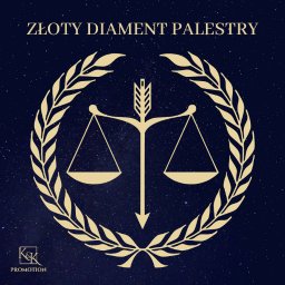 Kancelaria Adwokacka Adwokat Łukasz Dembowski - Złoty symbol sprawiedliwości (waga i strzała) otoczony wieńcem na ciemnoniebieskim tle z napisem 'Złoty Diament Palestry' i logo 'K&K Promotion'.