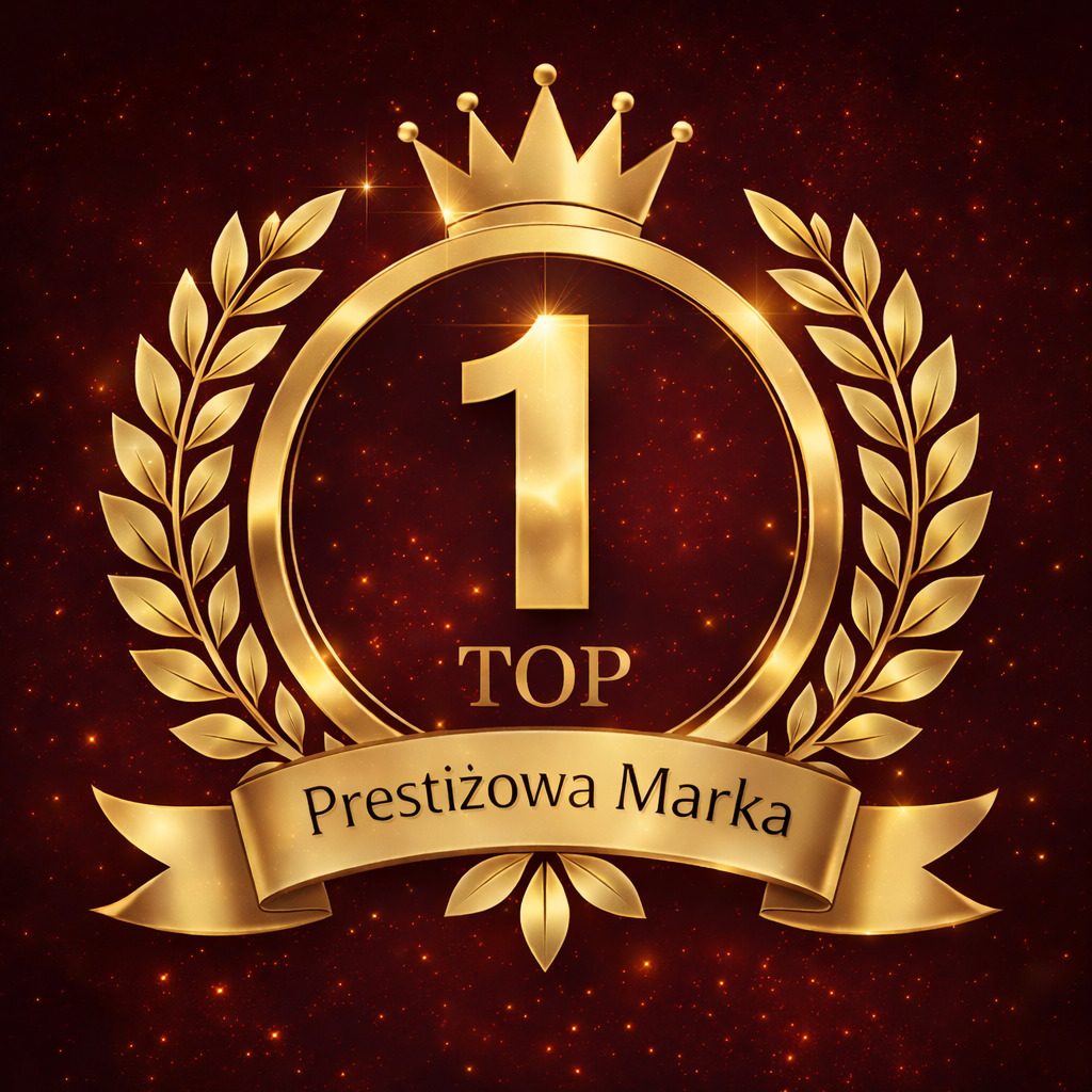 Złoty symbol 'TOP 1 Prestiżowa Marka' z koroną i wieńcem laurowym na ciemnoczerwonym tle z drobnymi, jasnymi punktami imitującymi gwiazdy.