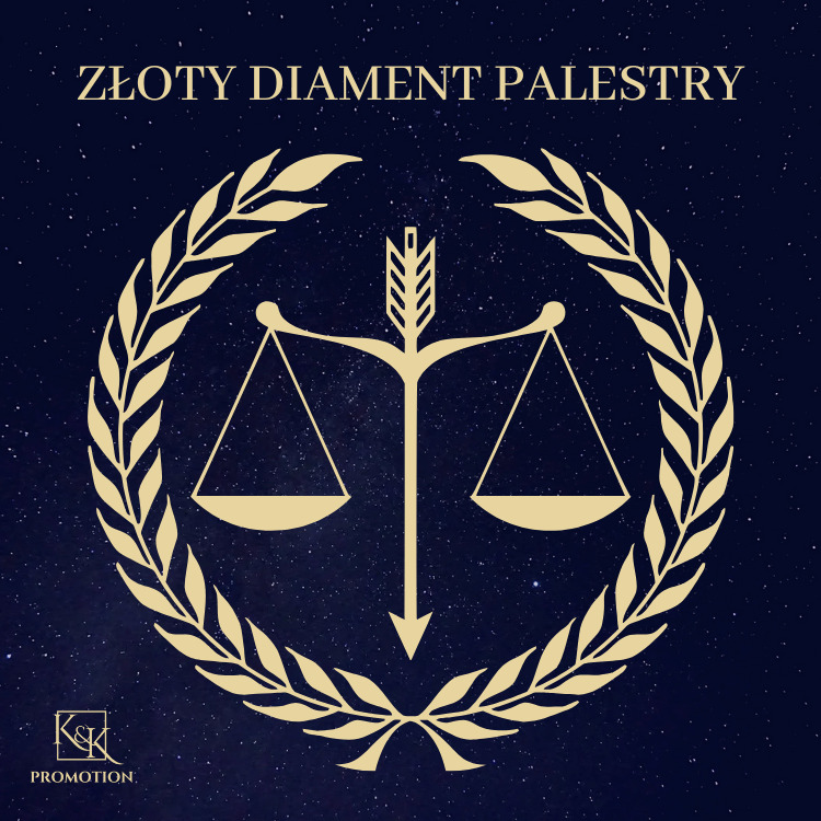Złoty symbol sprawiedliwości (waga i strzała) otoczony wieńcem na ciemnoniebieskim tle z napisem 'Złoty Diament Palestry' i logo 'K&K Promotion'.