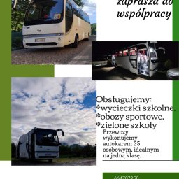 Witam. Zachęcam do skorzystania z oferty mojej firmy transportowej. Posiadam autokar 35 osobowy. 
Oferujemy: 
- obsługę imprez okolicznościowych
- wycieczki szkolne, przedszkolne, zielone szkoły, obozy sportowe, kolonie 
- przejazdy dla klubów sportowy
