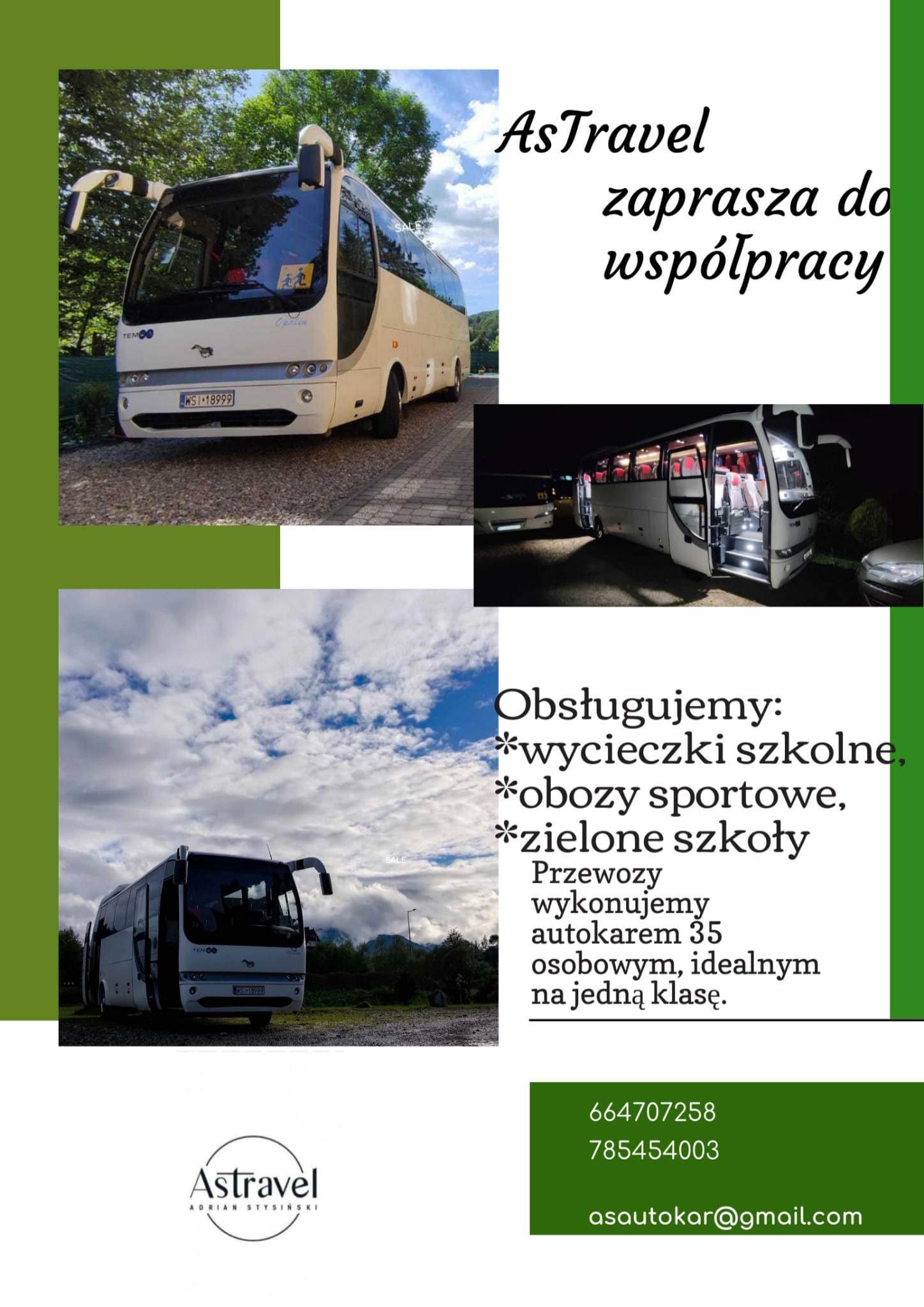Kompozycja zdjęć autokarów firmy Astravel z numerami kontaktowymi i zaproszeniem do współpracy, obejmująca ujęcia dzienne i nocne pojazdów.