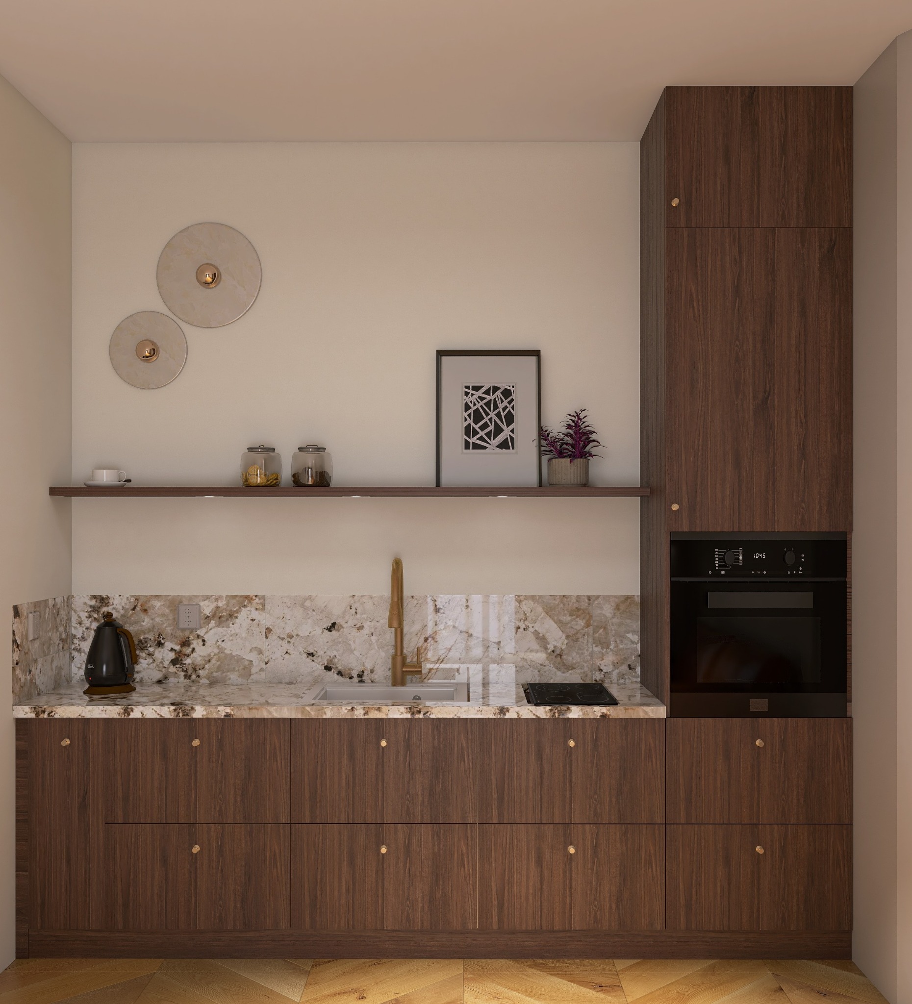 Nowoczesna kuchnia z drewnianymi szafkami, marmurowym blatem i złotą armaturą. Na półce dekoracje: obraz, roślina i słoiki. Oświetlenie punktowe.